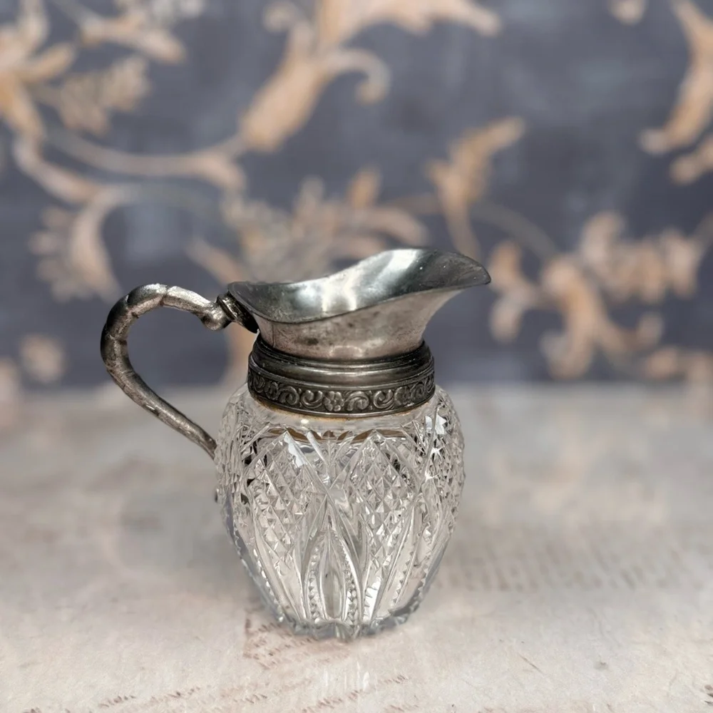 Antique Cut Glass Creamer Pitcher w/ Pewter Top & Handle Estate Mini Jug